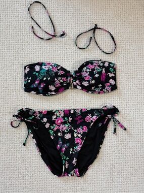 Victoria's Secret Black Floral Bandeau Bikini with Pink & Green Accents